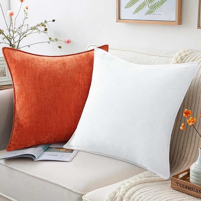 decorUhome Summer Couch Throw Pillow Covers 20x20 Set of 2, Decorative Soft Velvet Modern Cozy Chenille Pillow Cases with Elegant Design for Sofa Bed Living Room Home Decor, Rust