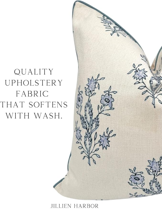 Jillien Harbor "The Mary Block Print Floral Decorative Pillow Cover – Double-Sided Blue & White Periwinkle Accent Pillow Cover – Grandmillennial Home Decor – 26"x26"