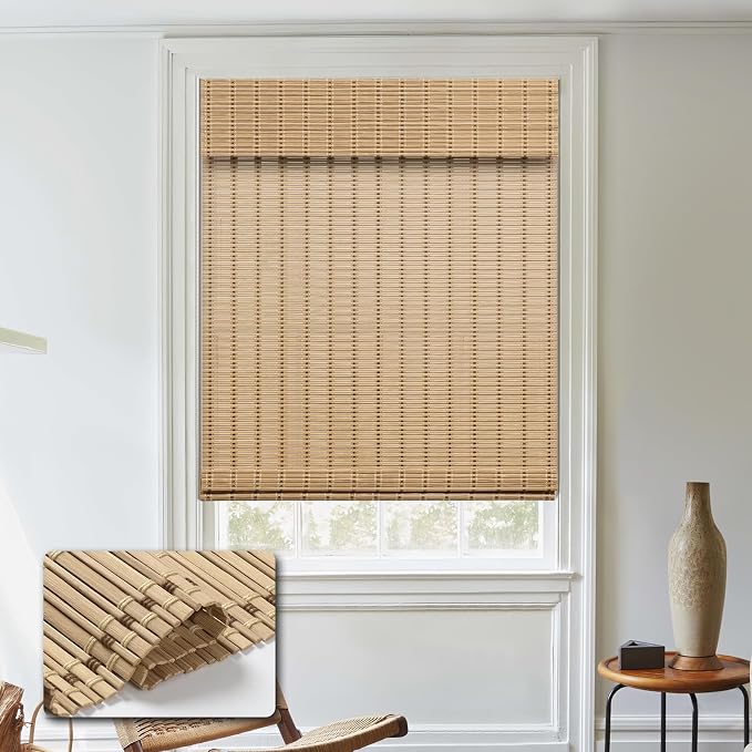 Cordless Bamboo Roman Shades, Light Filtering Bamboo Blinds Shades for Indoor Windows, UV Protection Roll Up Blinds for Home, Office, 30" W x 64" H, Natural