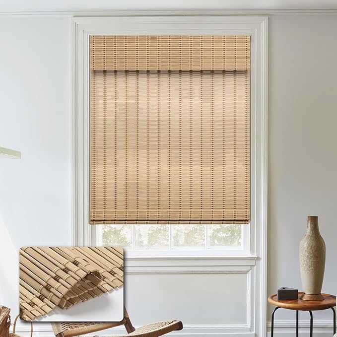 Cordless Bamboo Roman Shades, Light Filtering Bamboo Blinds Shades for Indoor Windows, UV Protection Roll Up Blinds for Home, Office, 41" W x 64" H, Natural