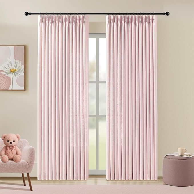 Light Pink Pinch Pleated Linen Curtains 84 Inches Long for Baby Girls Bedroom, Light Filtering Pleat Drapes Textured Thick Memory Trained Semi-Sheer Curtain with Hooks for Nursery, 2 Panels, Blush