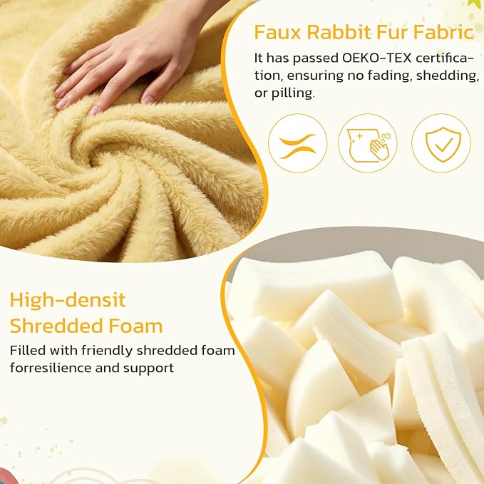 24 Inches Memory Foam Bean Bag Chair - Ultra Soft Faux Rabbit Fur Round Sofa with Handle & Machine Washable Cover, Comfy Lazy Chair for Kids Teens, Perfect for Reading Gaming in Living Room，Yellow