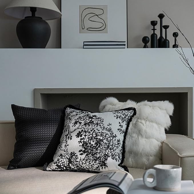 Croker Horse 20x20'' inches Throw Pillow Cushion Covers - Black Embroidery Pine Tree Luxury Modern Style with Tassel Couch Sofa Pillow Cover for Living Room Bedroom