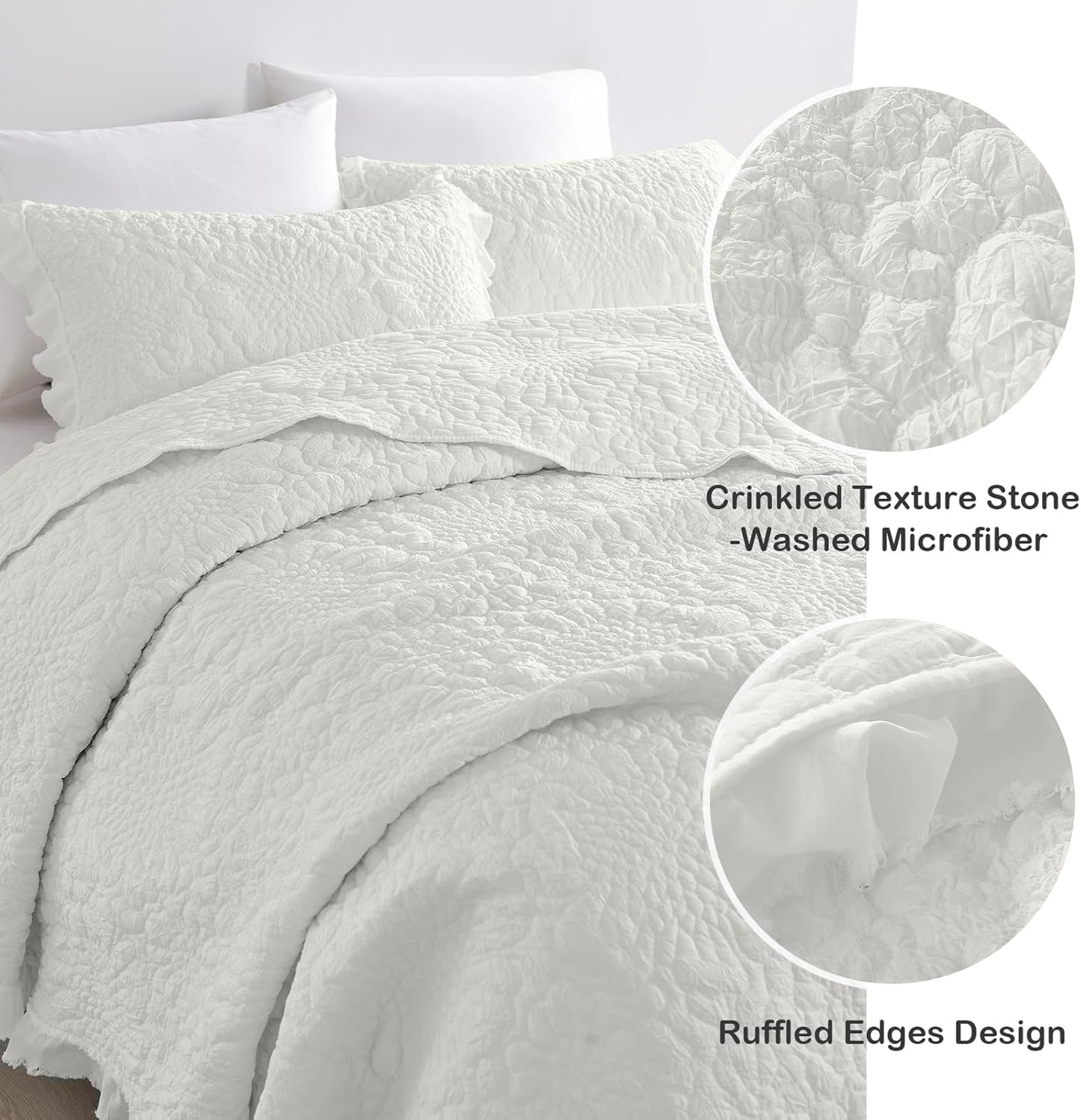 HORIMOTE HOME Cream White Ruffled Quilt King Size, Stone-Washed Microfiber Lightweight Crinkled Farmhouse Shabby Chic Bedding Set, 3 Pieces Reversible Bedspread with Pillow Shams for All Season
