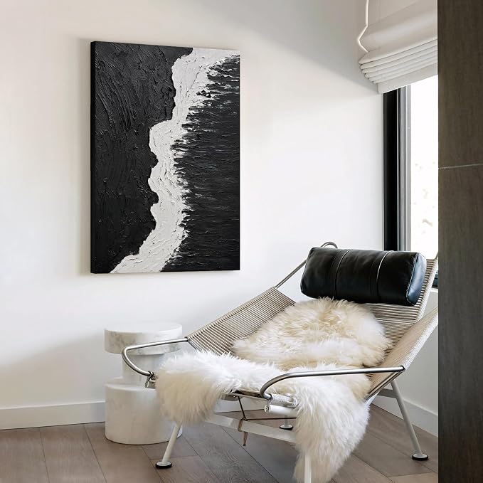 Modern Black &White Abstract Canvas Wall Art,Large 3D Textured Oil Painting | Hand-Painted Vertical Ocean Waves Artwork for Living Room Bedroom Office, Minimalist Contemporary Wall Decor, 24x36 In