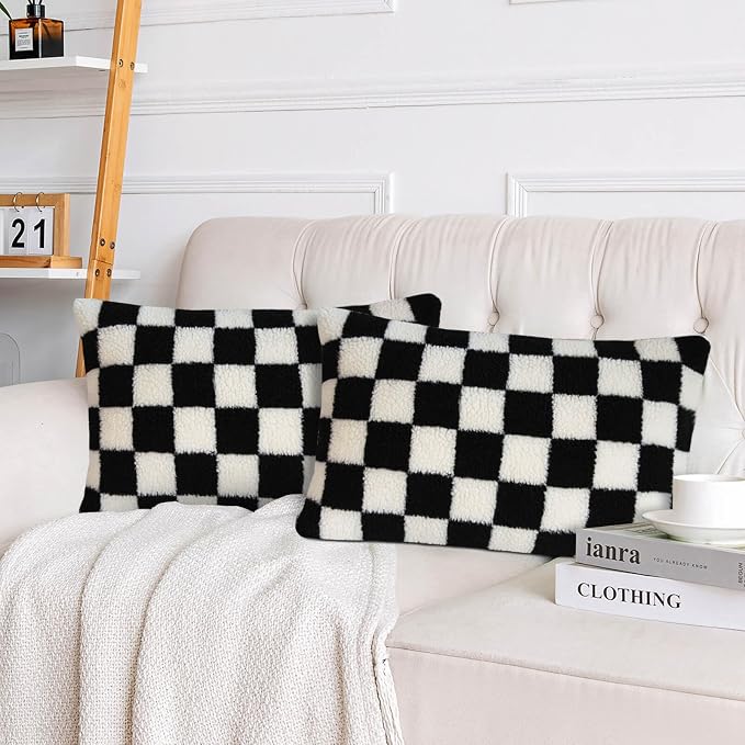 AmHoo Pack of 2 Decorative Throw Pillow Covers Checkerboard Luxury Super Soft Faux Fur Wool Set Case Cushion for Couch Sofa Bedroom 12 x 20-Inch Black
