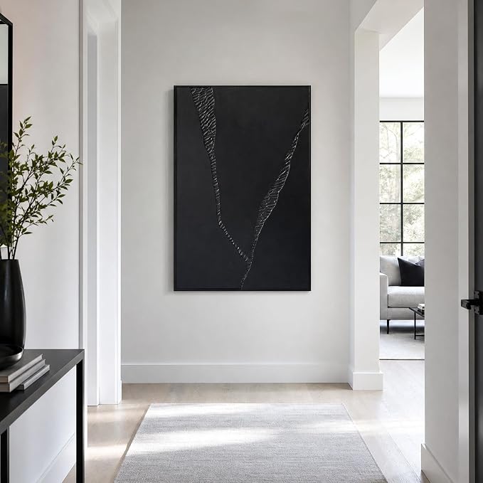 SAFERRYHOME Black 3D Textured Abstract Minimalist Wall Art, 24"x36" Framed | Large Black Modern Framed Wall Decor, Contemporary Painting Artwork for Home Office Living Room Hallway, 24"x36"