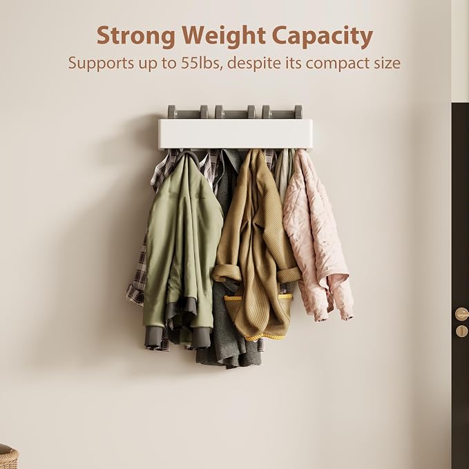 CycleCrew Solid Wood Wall Mounted Coat Rack with Shelf Hooks - Modern Floating Shelves with 5 Hidden Hooks, Heavy Duty Entryway Coat Key Holder Hanger for Hallway Bathroom Bedroom Home Decor