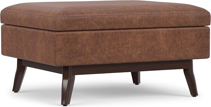 SIMPLIHOME Owen Coffee Table Storage Ottoman - 34" Wide x 19" High Upholstered Vegan Leather Rectangular Lift-Top Ottoman in Distressed Saddle Brown, Mid-Century Modern Bench with Tapered Legs
