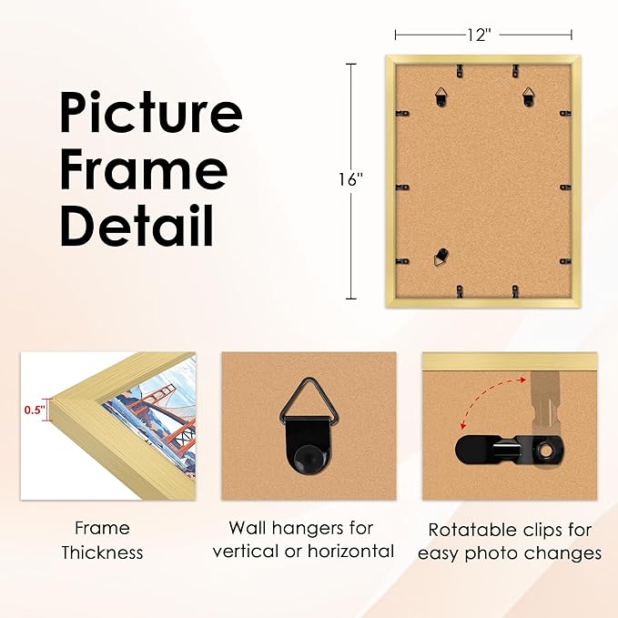 FIXSMITH 12x16 Picture Frame Gold Set of 2, Photo Frame with HD Plexiglass, Display Pictures 8.5x11 with Mat or 11x17 Without Mat, Gold Picture Frames Collage Wall Decor, Gallary Wall Frame