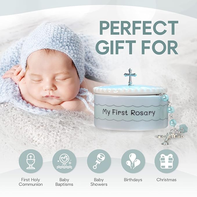 Baptism Gifts for Boys - My First Rosary & Matching Keepsake Box, Catholic Christening Gifts for Baby Boys from Godmother for Dedication with Colorful Gift Box