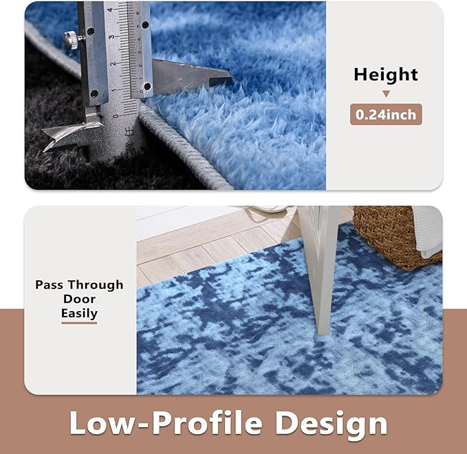 FinRèc 5x7 Washable Area Rugs for Bedroom Living Room, Low Pile Thin Ultra Soft Shag Rug, Non-Slip Carpet Indoor for Home Decor (Tie-dye Teal)