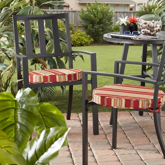 Set of 2 Outdoor 18 inch Round Patio Dining Chair Pads – Comfortable Fiber-Filled Seat Cushions with Ties, Reversible Polyester Fabric, Roma Stripe