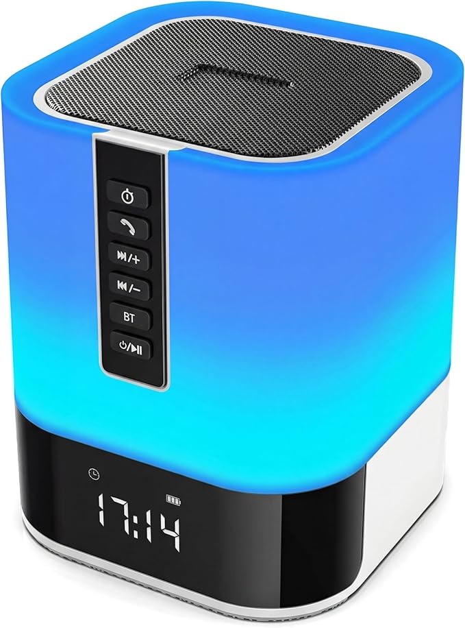 Hetyre Night Light Bluetooth Speaker, 5 in 1 Touch Control Bedside Lamp Dimmable Multi-Color Changing, Bedroom Alarm Clock, Best Birthday Gift Ideas for 10 11 12 13 14 Year Old Teenage Girls/Boys