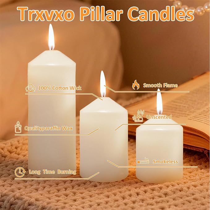 6 Pcs White Pillar Candles Bulk Set, 3 Different Lengths 2 x 3/4/6 Inch (2 Each), Dripless Unscented Smokeless,Hurricane Candles,Gives You a Better Atmosphere When Organizing an Event Party.