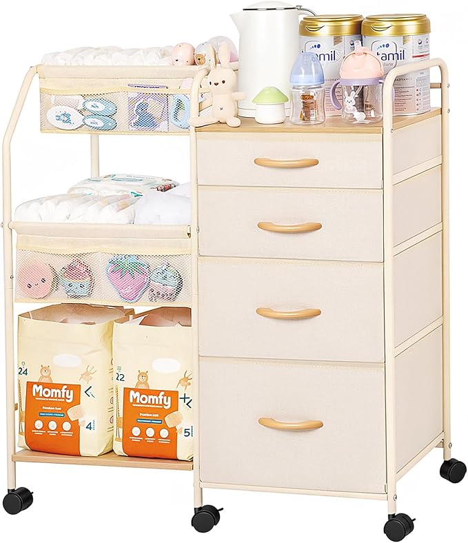 Fabuday Baby Diaper Caddy Organizer Cart - 4 Tier Rolling Diaper Cart with Wheels, Baby Essentials Organizers and Storage, Mobile Utility Carts for Bedside, Crib Nursury, Bedroom, Changing Table