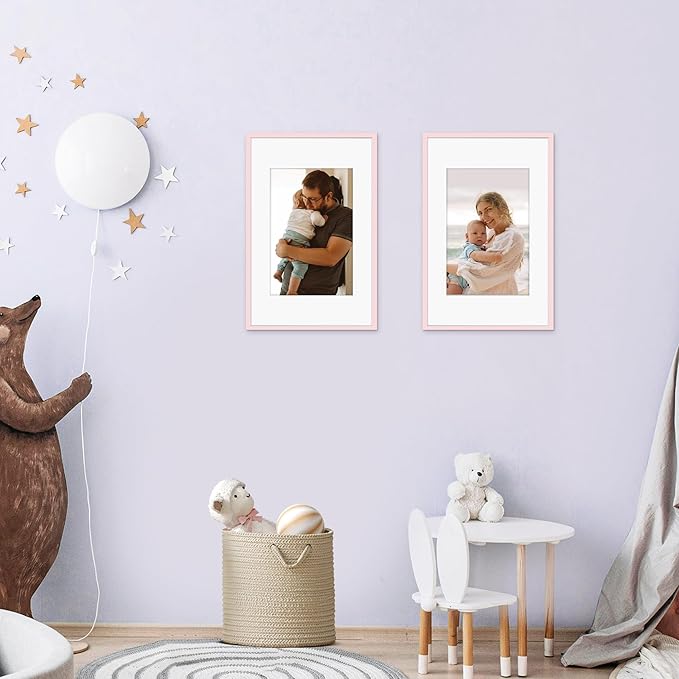 Picrit 11x17 Picture Frame Set of 12, Display 8x12 with Mat or 11x17 without Mat, Photo Frames for Wall Mounting Display, Pink
