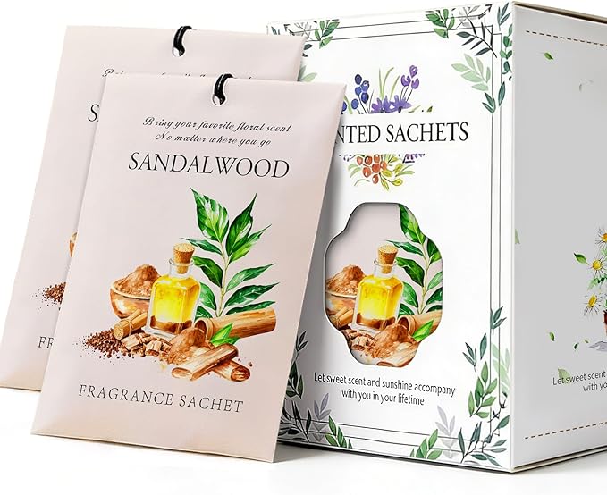 Sandalwood Scented Sachet Bags - 12 Pack Drawer & Closet Freshener, Long Lasting Odor Eliminator for Wardrobes, Cars & Storage, Home Fragrance Air Freshener Sachets