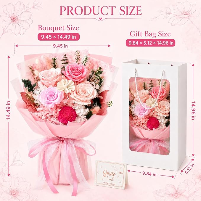 Pink Preserved Flowers Bouquet, Eternal Real Flower for Women Real Roses That Last 3 Years Handmade Floral Arrangement for Mother's Day Birthday Gifts Anniversary Surprise for Mom Women Her