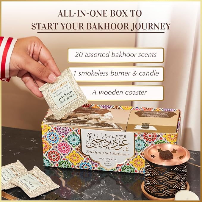 Oud Bakhoor Variety Box & Burner by Dukhni | Arabian Oudh Set with Candle Incense Burner | 20 pcs Arabic bukhoor Incense Bricks, 10 Mixed scents | Islamic, Eid & Ramadan Gifts | Home Fragrance