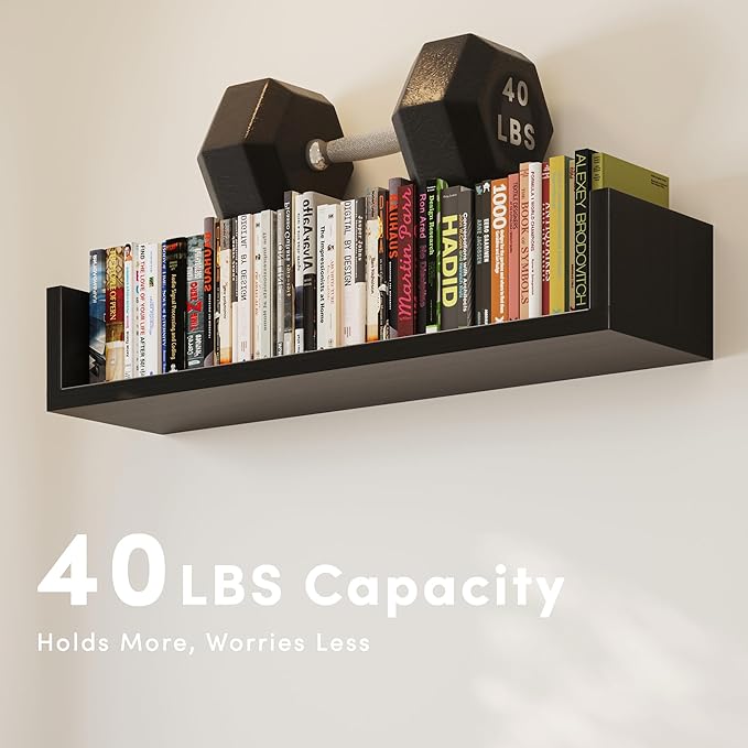 Wall Bookshelf, Set of 4, U Shaped Floating Bookshelf, Hanging Bookshelves for Wall, Wall Mounted Shelves for Living Room Bedroom Office (Black, 17 Inches, 4)