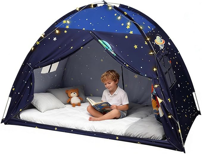 Redants Twin Bed Tent Canopy, Space Indoor Blackout Privacy Toddler Bed Tent for Kids with Light, Portable Sleeping Floor Kids Playhouse (Blue, Twin Size)