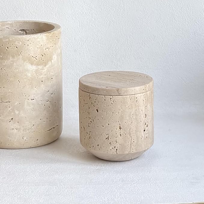 Natural Marble Hole Stone Cosmetic Cotton Swab Sundry Small Tank Storage Box Jar with Lid (Yellow Travertine)