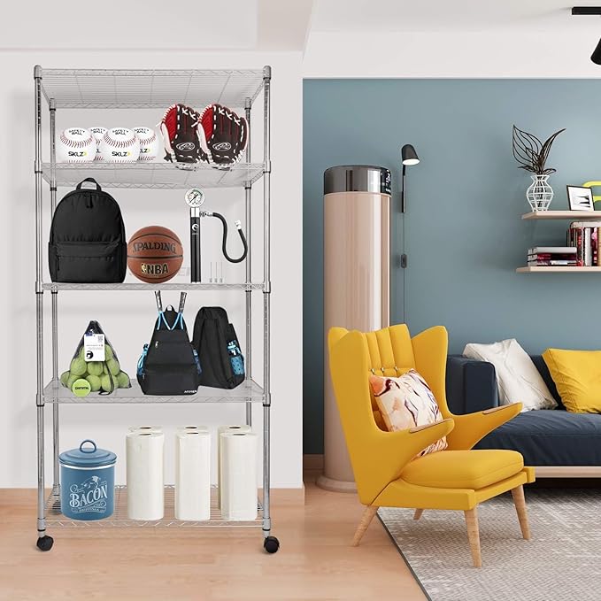 Simple Deluxe Heavy Duty 5-Shelf Storage Shelves, 1750Lb Loading Capacity, 35.43" W x 17.72" D x 70.87" H Adjustable Shelving Unit with Wheels, Chrome, 2 Pack