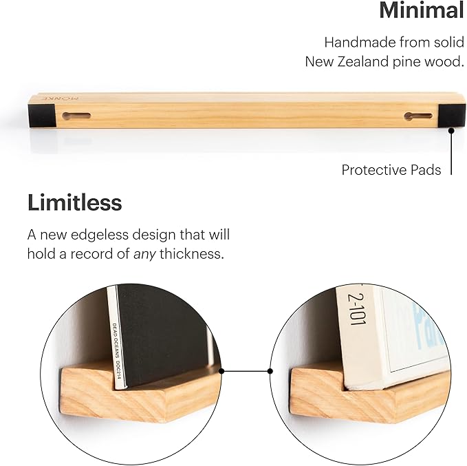 Vinyl Record Shelf - 3 Display Ledges Made of Solid Wood -A Wall Mount for Your Favorite or Now-Playing Records -This Vinyl Record Holder Fits All Records (Pine)