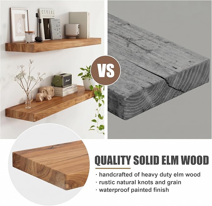 FLYJOE Floating Shelves for Wall, USA-Sourced Elm Wood 32 Inch Wall Shelves Set of 2, Natural Wooden Mounted Picture Ledge Shelf, Nursery Book Storage Shelf Kids Bookshelf Display, Shelf for Bathroom