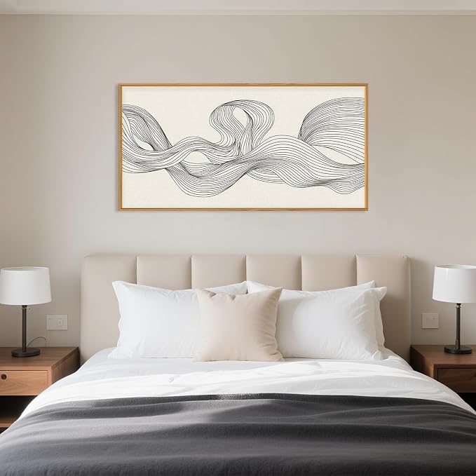 HPNIUB Large Neutral Abstract Framed Canvas Wall Art,Textured Beige Minimalist Wall Decor,Black Line Wave Art Prints,Boho Modern Geometric Artwork for Living Room, Bedroom, Office -20"x40"