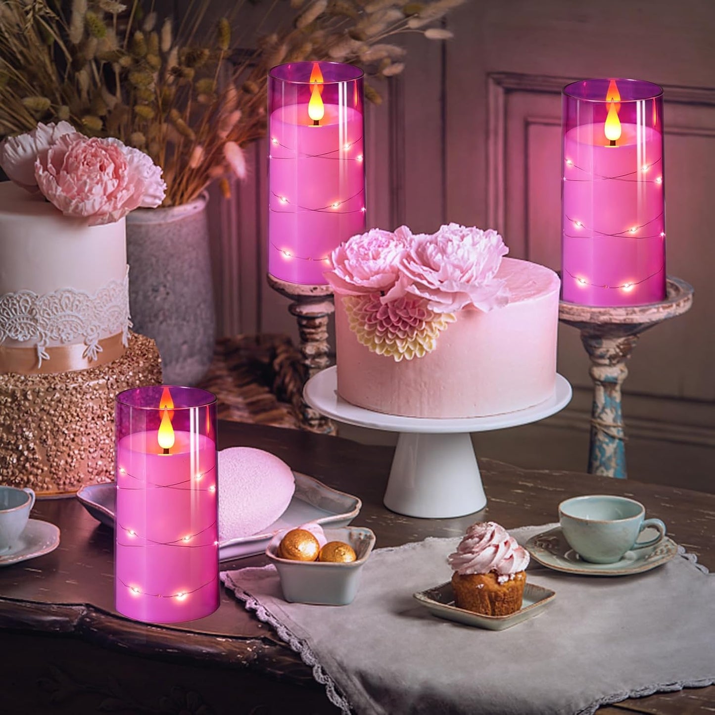 NURADA 3"x6"Flickering Flameless Candles: Built-in Star String Lights 3D Wick Battery Operated LED Pillar Candles with Remote and Timer for Table Wedding Centerpieces Party - 2 Pack Purple