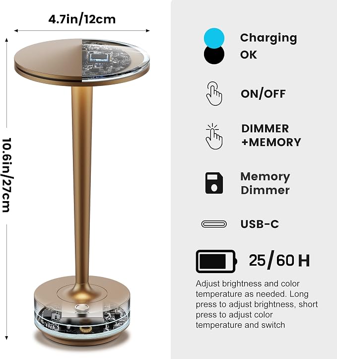 Cordless Rechargeable LED Table Lamp Set of 2 Bronze | Battery 6000mAh 3 Color Modes&Stepless Dimming Waterproof Metal for Patio,Restaurant Bedroom Dining