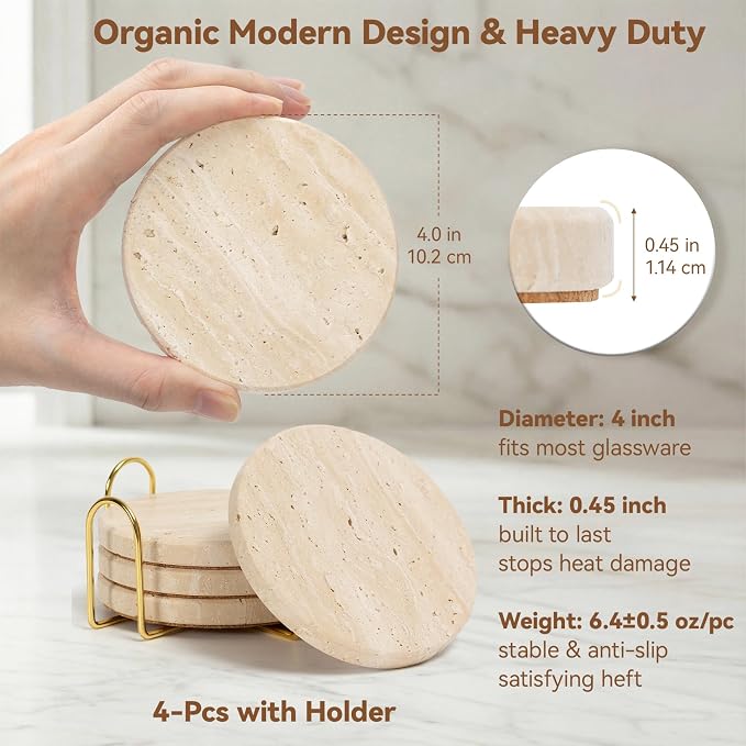 Travertine Marble Coasters with Holder, Set of 4 Elegant Rustic Farmhouse Coasters for Drinks, Neutral Warm Beige Stone Coaster for Any Home Decor, Gift Boxed for Housewarming Wedding Hostess