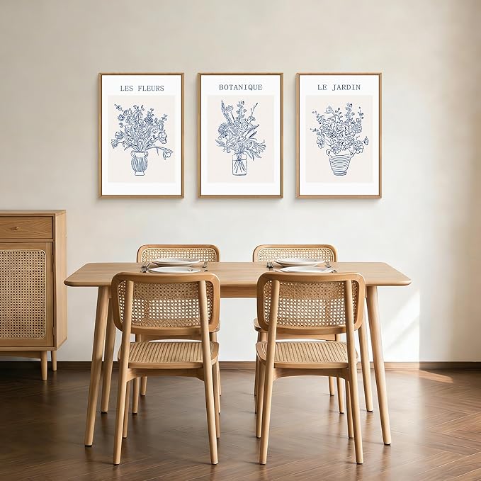 LHIUEM Blue Botanical Flower Framed Canvas Wall Art,Modern Aesthetic Wall Decor,Abstract Navy Blue Painting,Minimalist Line Wildflower Artwork for Living Room,Bedroom,Dining Room -24"x36"x3
