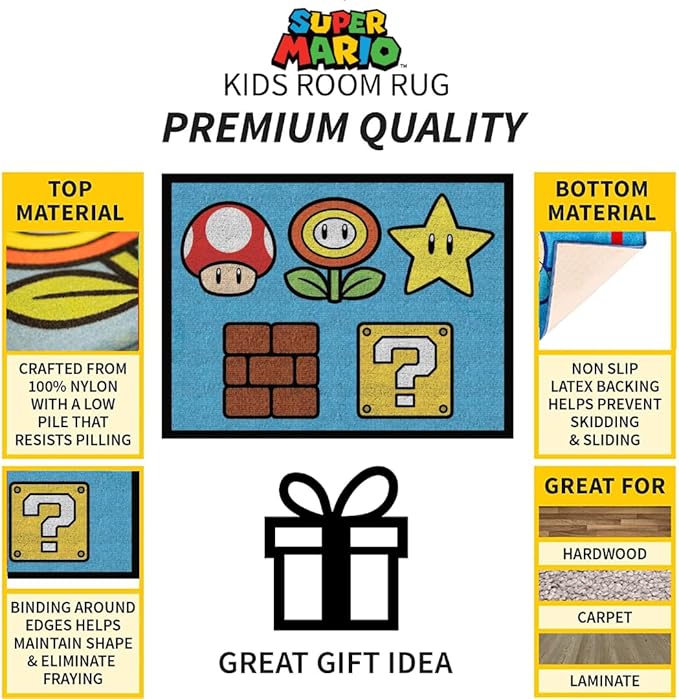 Super Mario Kids Room Non Slip Area Rug, 69 in x 52 in, (Official Licensed Product) By Franco