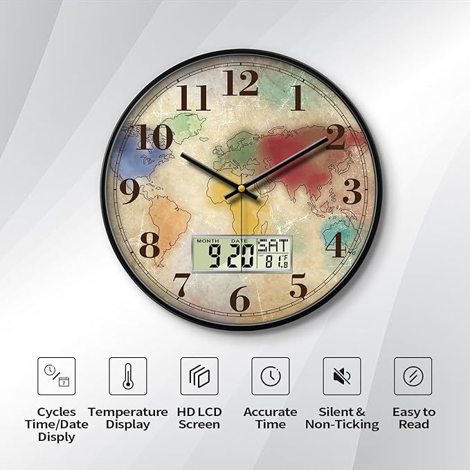 12 Inch Vintage Colorful World Map Wall Clock, Silent Non-Ticking Battery Operated Analog Clock with LCD Calendar & Temperature Display, Retro Modern Wall Clock for Home Office, Bar, Man Cave Decor