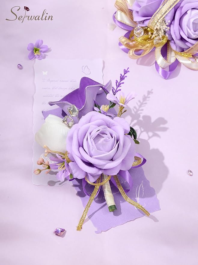 Serwalin Purple Prom Corsage and Boutonniere Set, Artificial Calla Lily Rose Wrist Corsage Wristlet for Homecoming, Formal Dance, Wedding Flowers Accessories Party Suit Decorations
