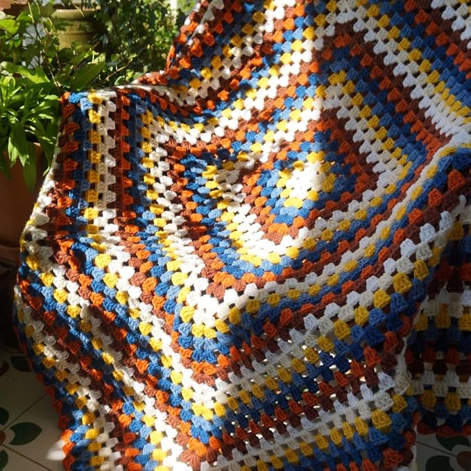 Handmade Crochet Granny Square Throw Blanket Sweater Style,Crochet Quilt,Multicolor Boho Travel Accent Throw for Sofa Comforter Couch Bed Recliner Living Room Bedroom Decor 43" x43" (B)