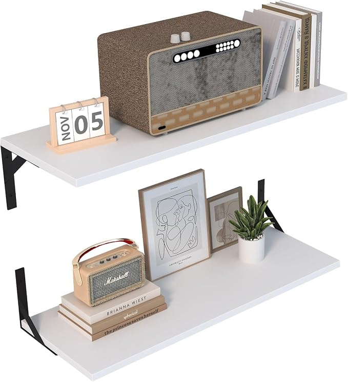 Large Wall Shelves, 31.5" W x 12" D Long Floating Shelves Set of 2, Wide Display Wood Shelf Wall Mounted with Heavy-Duty Metal Brackets for Bedroom Books, Living Room, Kitchen, White