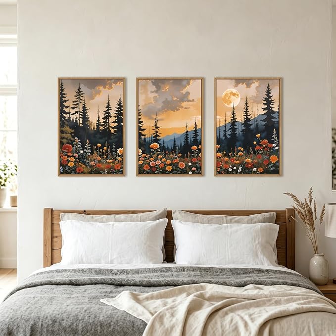 KAIRNE Mountain Wildflower Landscape Framed Canvas Wall Art Set,Vintage Moon Pine Tree Wall Decor,Rustic Forest Art Prints,Retro Scenery Artwork for Living Room,Bedroom,Farmhouse,Office-16 x24 x3