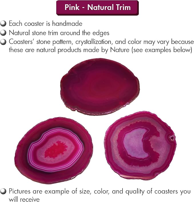 Nature's Decorations Pink Agate Stone Coasters - Set of 4, Polished Geode Drink Mats for Dining & Coffee Table & Kitchen Geode Decor Non-Toxic 3.5-4" Diameter