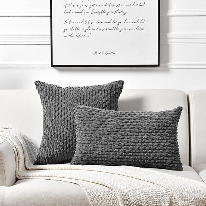 Fancy Homi 2 Packs Dark Gray Decorative Throw Pillow Covers 18x18 Inch for Couch Bed Sofa, Modern Farmhouse Boho Home Decor, Soft Cute Plush Grey Corduroy Striped Cushion Case 45x45 CM