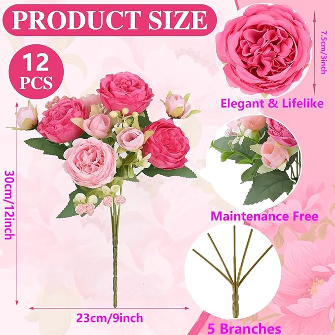 peonies artificial flowers 12 Bundles pink flowers bouquet, Lifelike Silk Fake Peonies with Stems for Home Table Centerpieces, Wedding, Party & DIY Bridal Floral Arrangements (Rose red + pink)