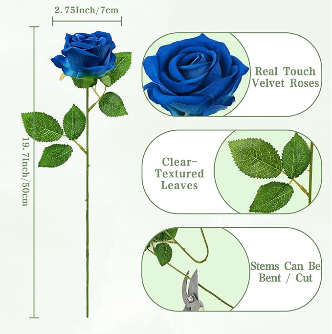 Waipfaru 50 Pcs Blue Roses, Fake Roses Artificial Velet Flowers for Valentines Mothers Day Wedding Centerpieces Decor (Royal Blue)