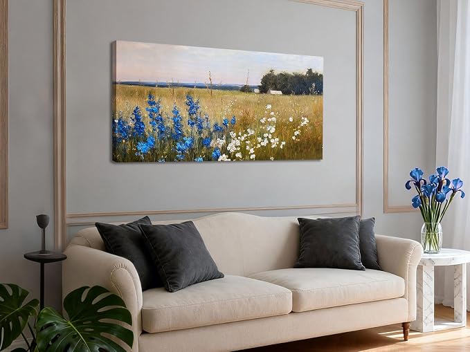 Ardemy Textured Vintage Countryside Canvas Wall Art - 40"x20" Large Framed Flower Field Painting, Serene Blue & White Wildflower Landscape Artwork for Living Room Bedroom Home Office Dining Room Decor