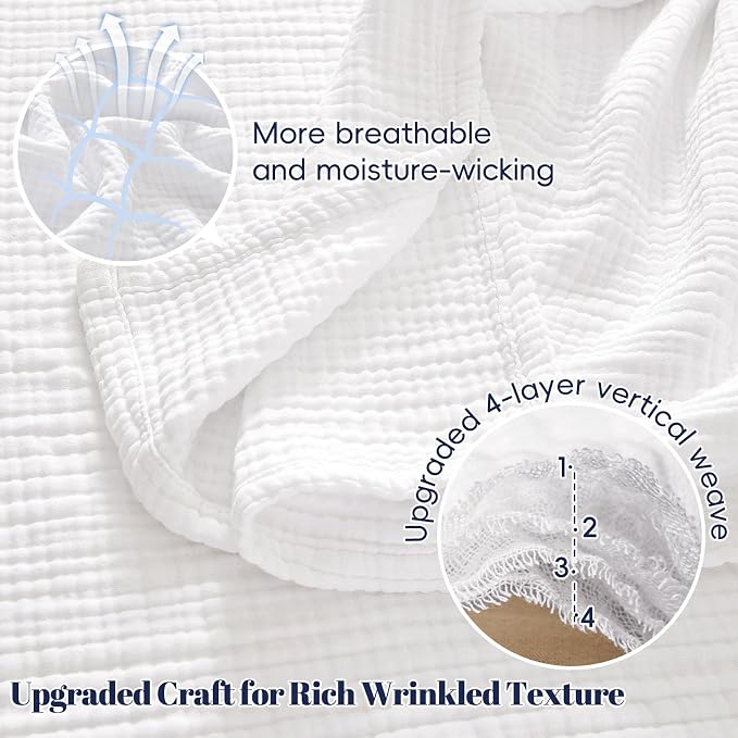 PHF 100% Cotton Muslin Throw Blanket 50" x 60", 4-Layer Lightweight Gauze Throw, Breathable Cloud-Soft Minimalist Blanket for Bed, Couch, Camping & Baby, White, Ideal Gift