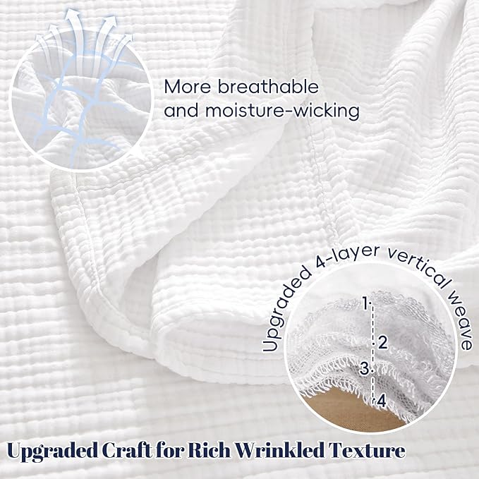 PHF 100% Cotton Muslin Blanket King Size 108"x90", 4-Layer Lightweight Gauze Throw, Breathable Cloud-Soft Minimalist Blanket for Bed, Couch, Camping & Baby, White, Ideal Gift