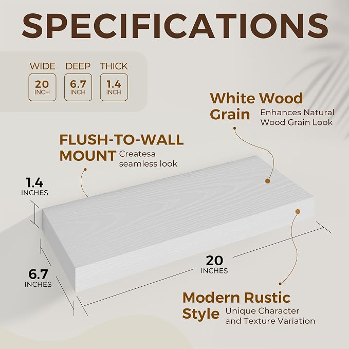 Dreamland 20Inch White Floating Shelves 6.7" Deep Wall Mounted Set of 2 | Wall shelves for bathroom, bedroom, Living Room, kitchen, deep wall mount wood storage display for home decor 20" x 6.7"