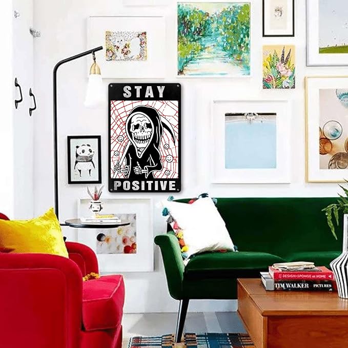 Skull Room Sign Funny Gothic Wall Decor Spooky Home Decor Aesthetic Goth Bedroom Decor Vintage Metal Tin Signs Spooky Skeleton Halloween Living Room Decorations Witchy Stay Positive Signs Hippie Signs Boho Gifts Retro Skull For Office Kitchen And Bath ...